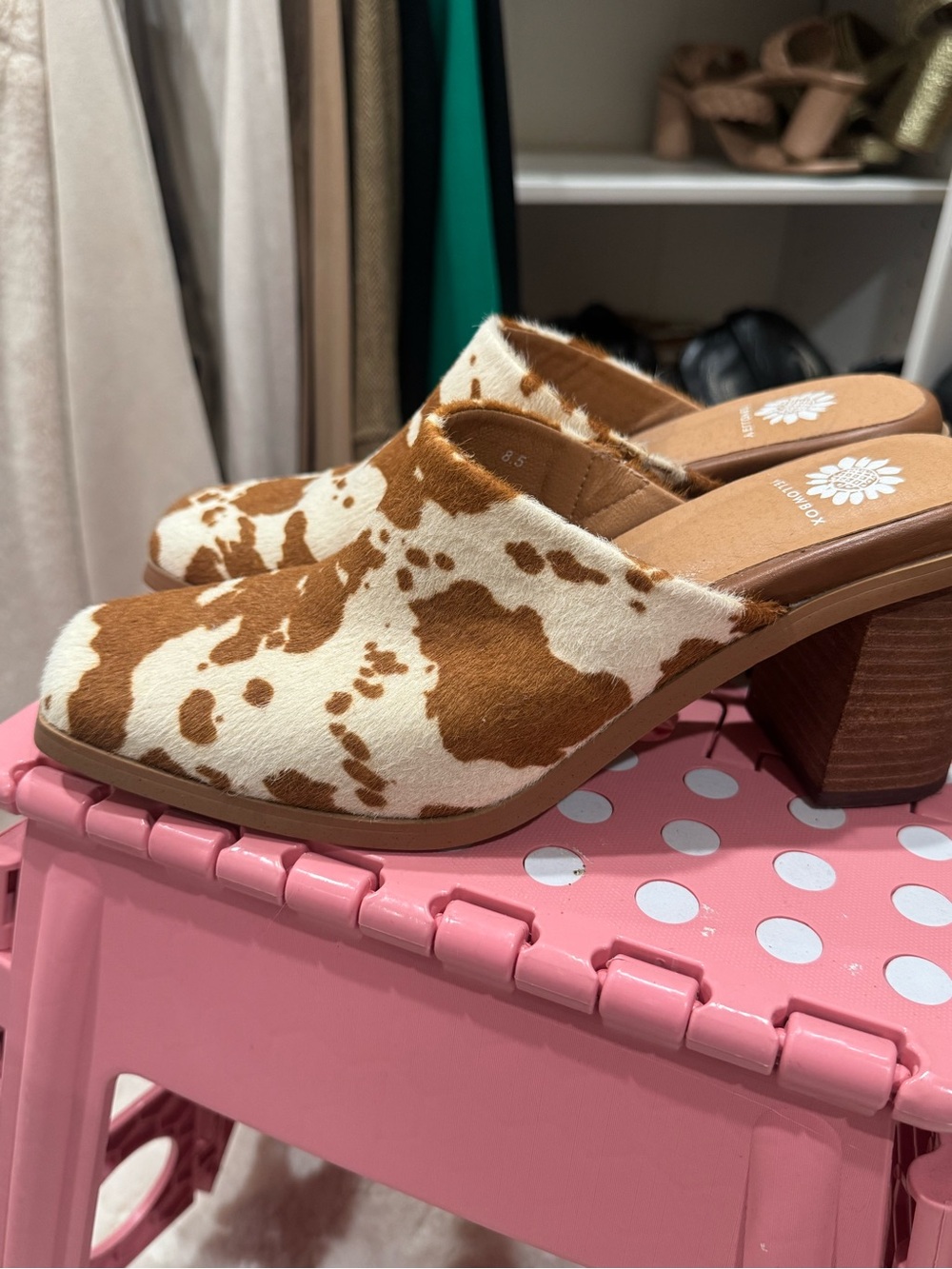 Yellow Box Cowhide Pattern Brown and White Mule Heels